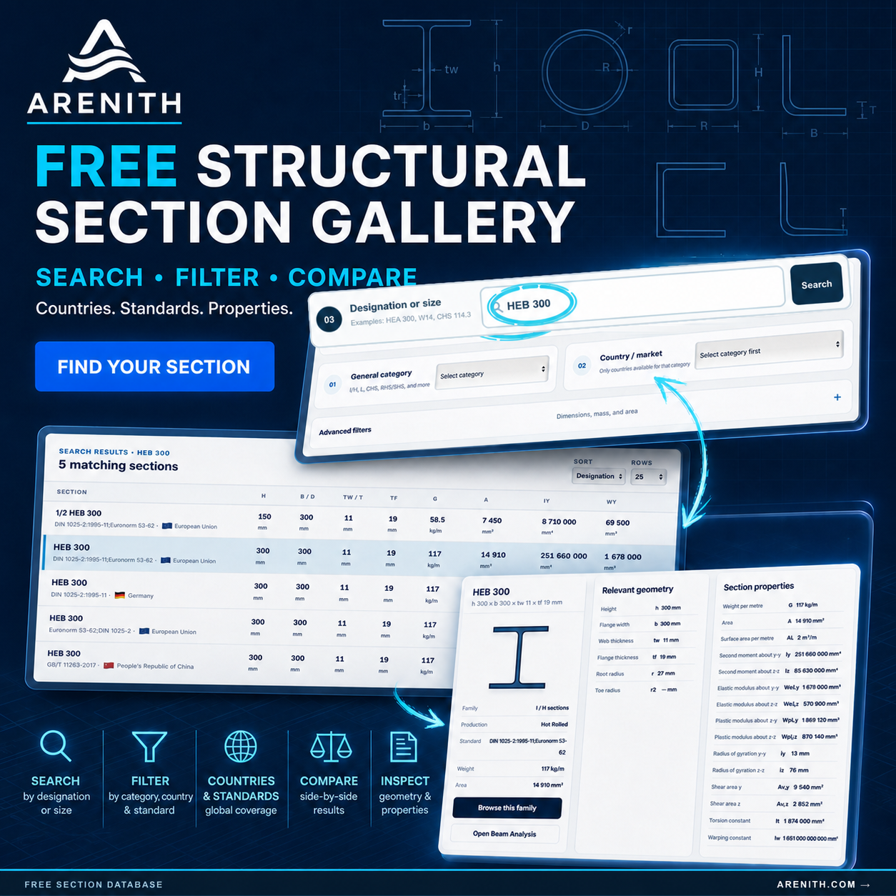 Structural section database interface showing designation, category, country and advanced search filters