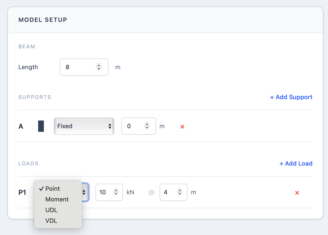 Load selector annotated to show the point load, moment, UDL and VDL choices
