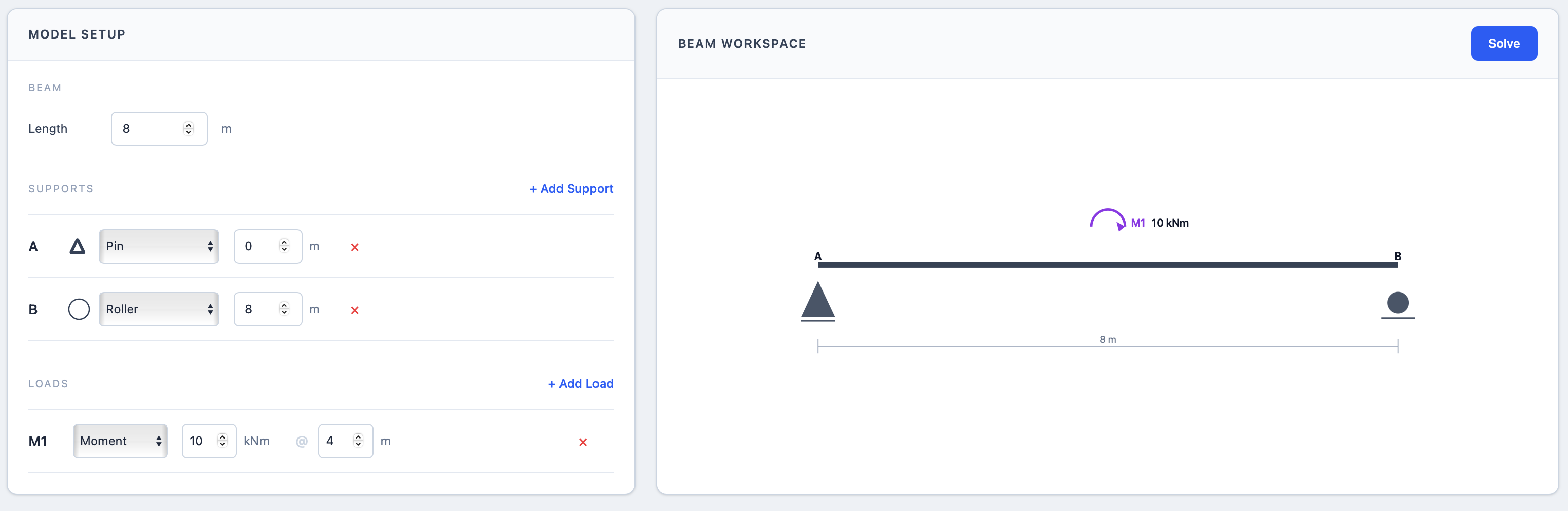 Moment load input and the resulting moment symbol annotated with numbered steps